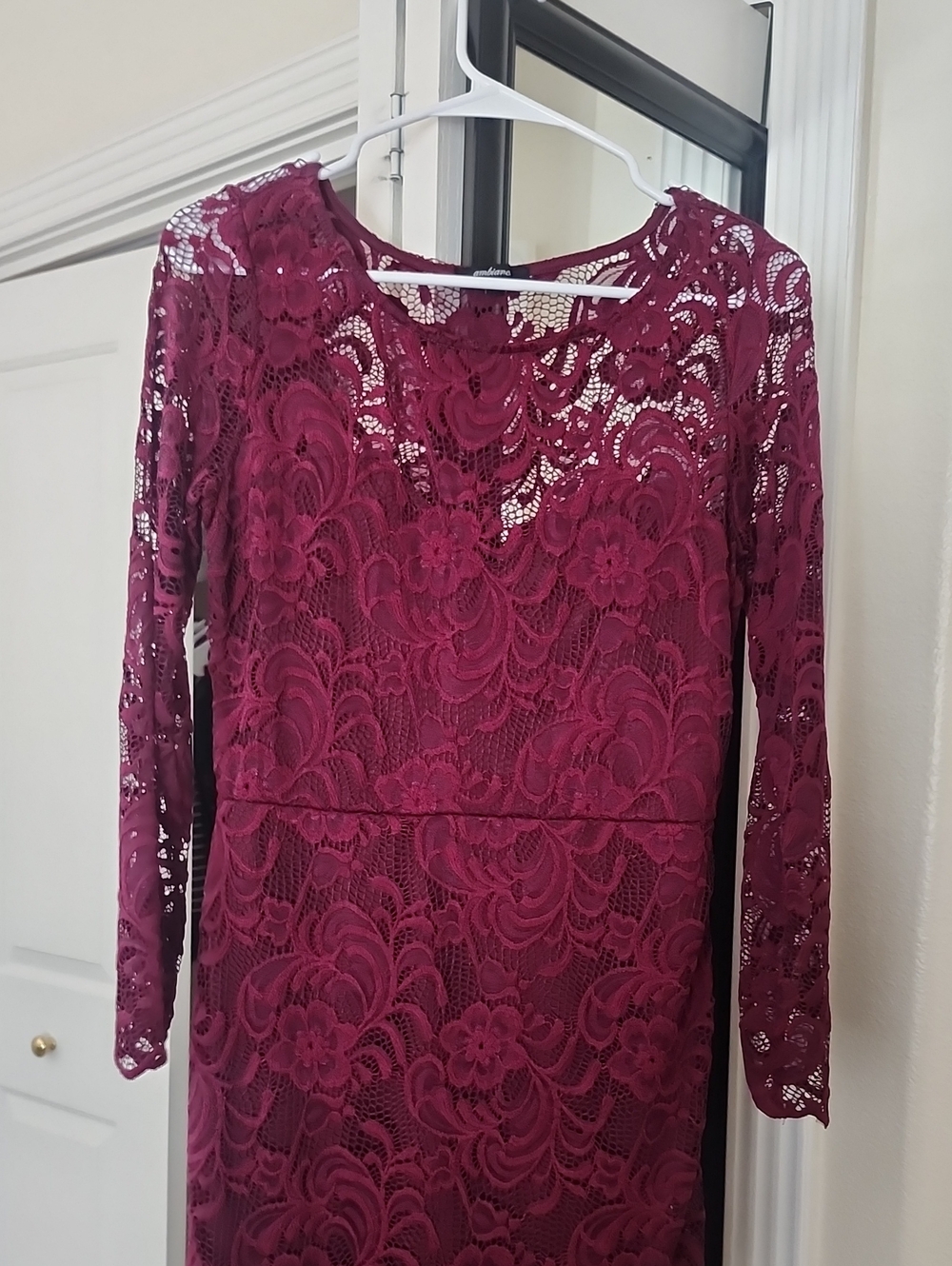 Ambiance Long-Sleeve Floral Lace Dress in Wine